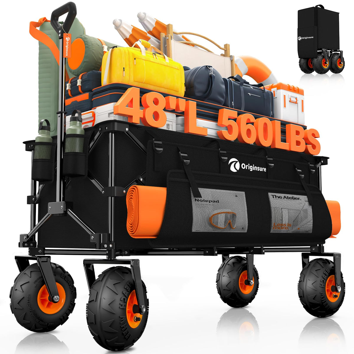 Foldable Beach Wagon with Big Balloon Wheels, 560lbs, Black Q770933