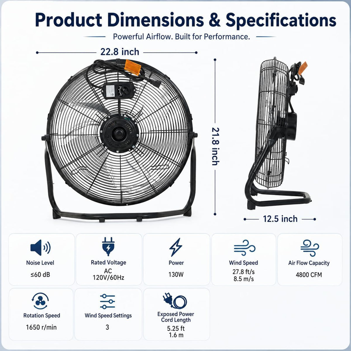 20 Inch Industrial Floor Fan, 3 Speeds, 360° Tilt E132589