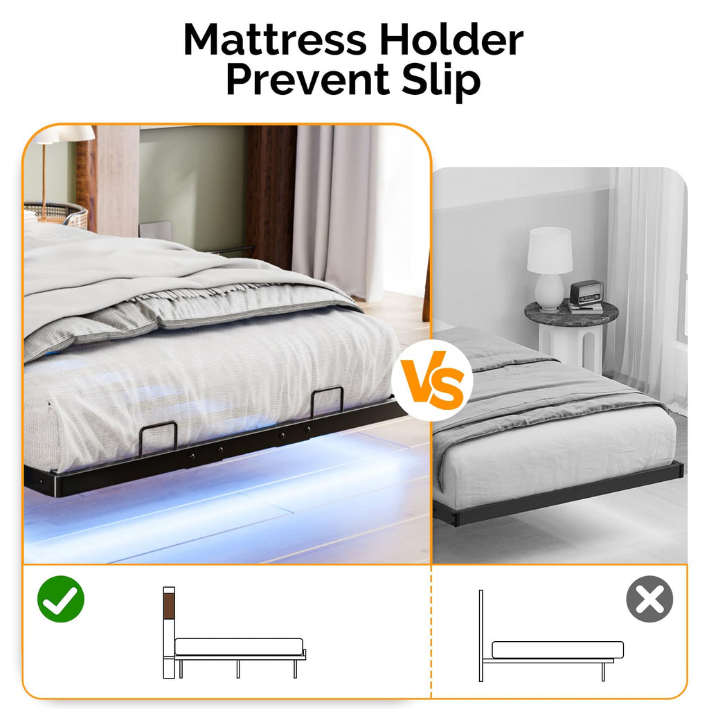 Black Twin Metal Floating Bed Frame with Charging Station and LED Lights K664450