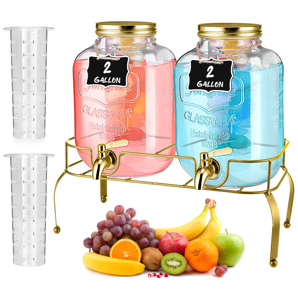 2 Pcs 2 Gallon Glass Drink Dispenser with Stand U2796