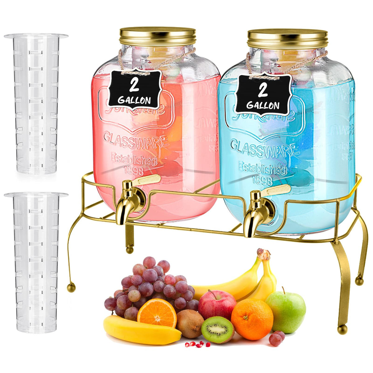 2 Pcs 2 Gallon Glass Drink Dispenser with Stand U2796
