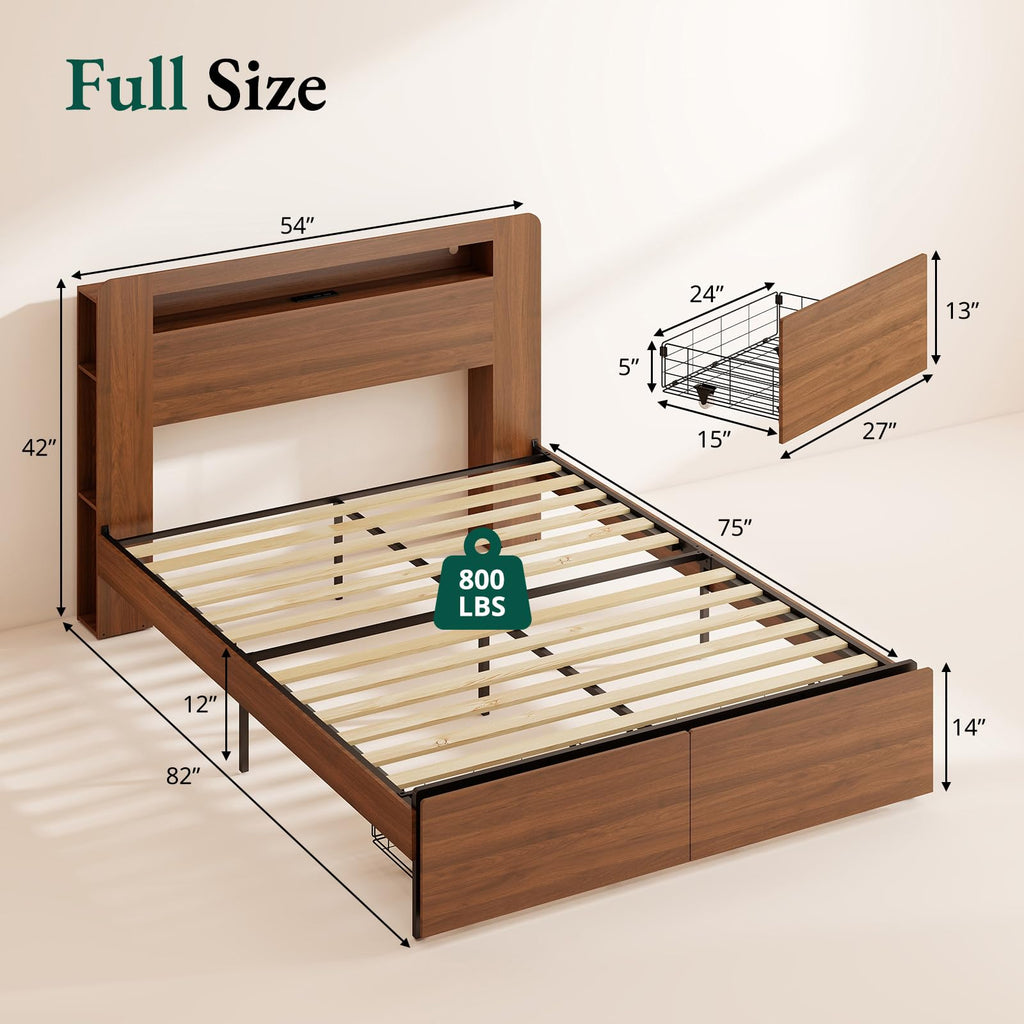 Wood Bed Frame Full with 2 Storage Drawers Q20426