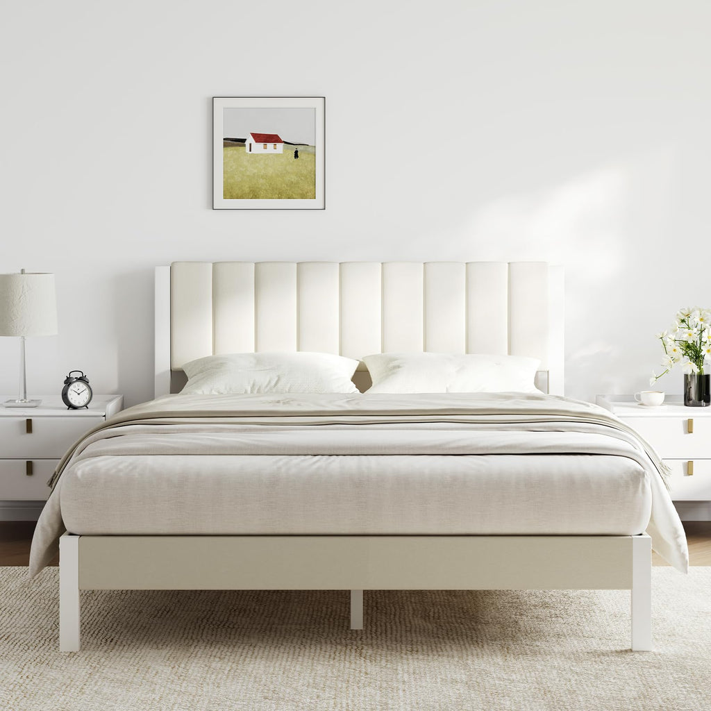 Full Size Metal Platform Bed Frame with Velvet White Headboard X571