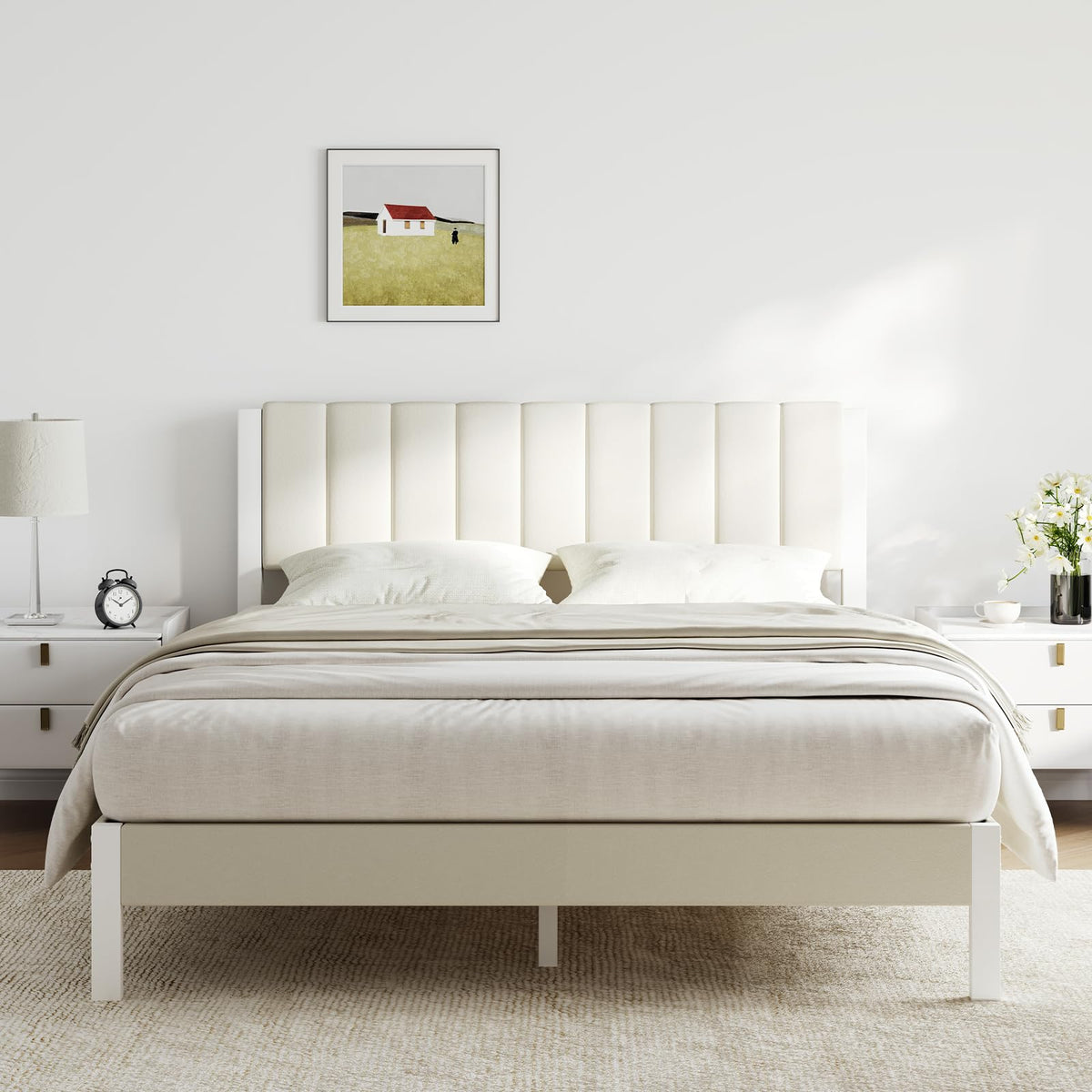 Full Size Metal Platform Bed Frame with Velvet White Headboard X571