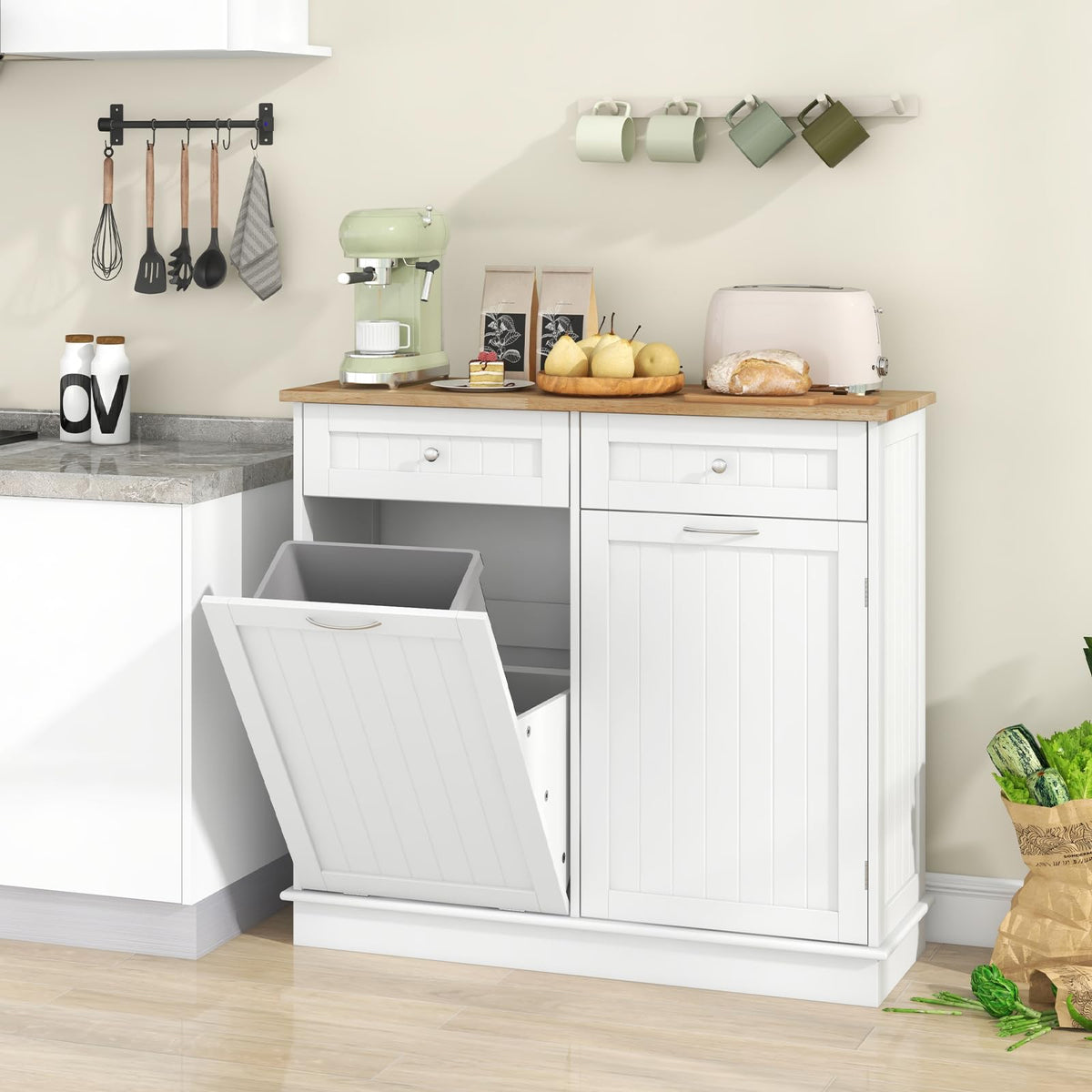 White Wooden Tilt Out Trash Bin Cabinet with Drawers C1500