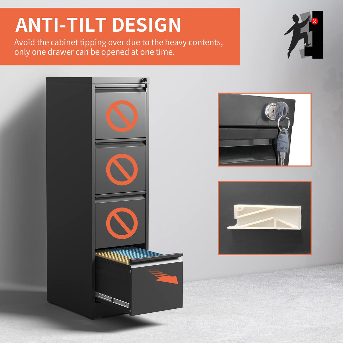 4 Drawer Black Metal File Cabinet with Lock O616