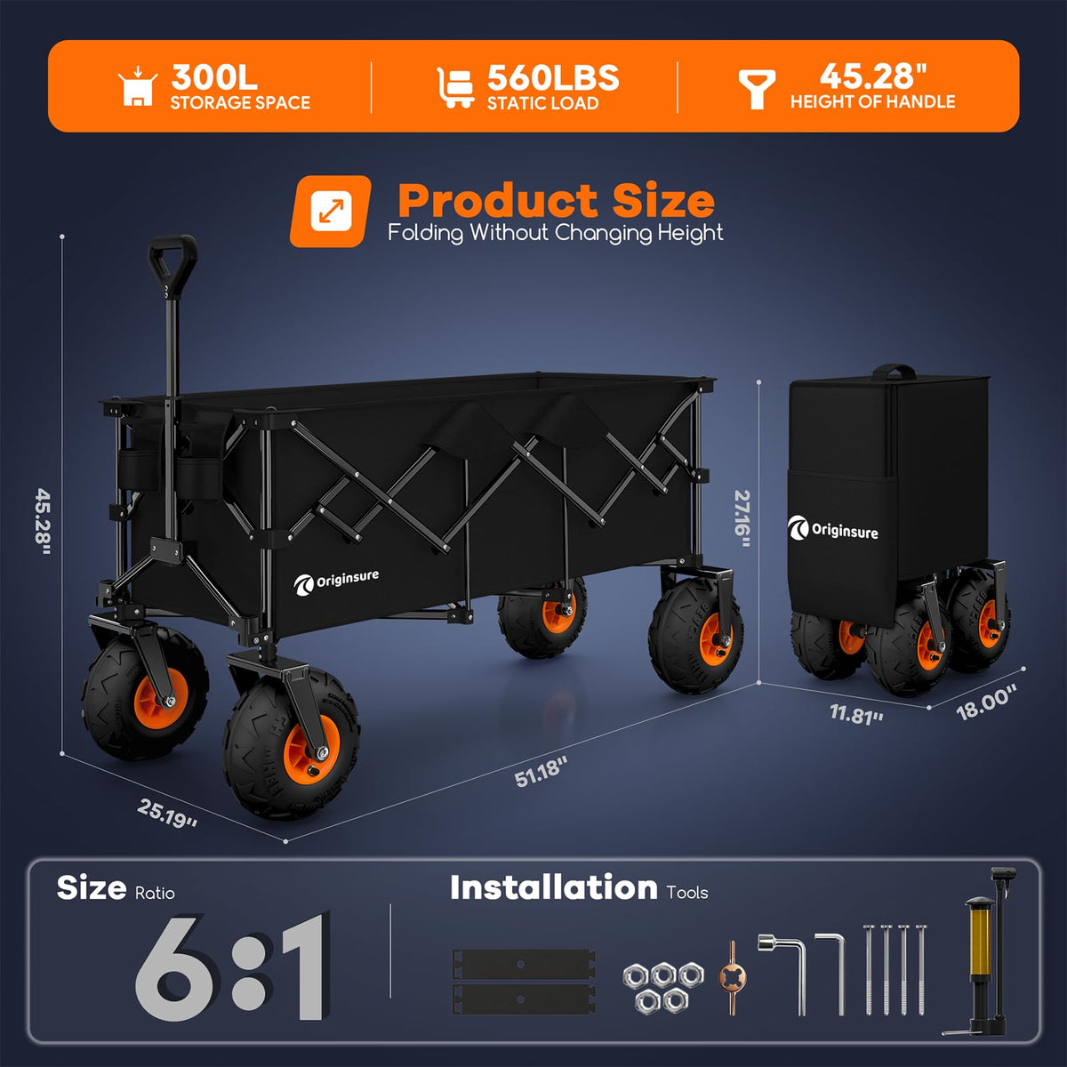 Foldable Beach Wagon with Big Balloon Wheels, 560lbs, Black Q770933