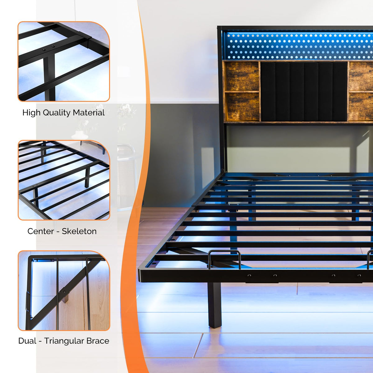 Black Twin Metal Floating Bed Frame with Charging Station and LED Lights K664450