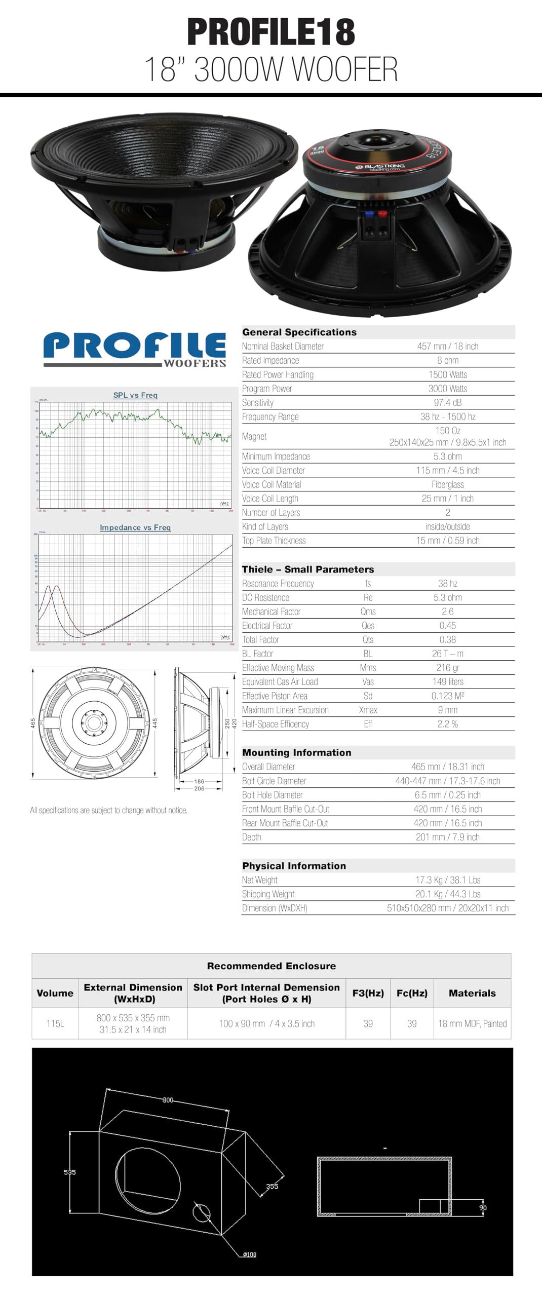 18" 3000W High Output Woofer 4.5" Voice Coil 8 Ω 97.4 dB Q185826