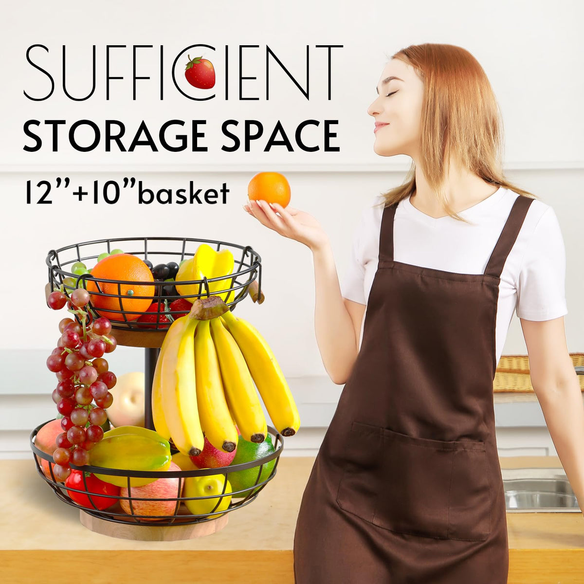 2-tier Metal Fruit Basket Bowl with Wooden Base Q76864