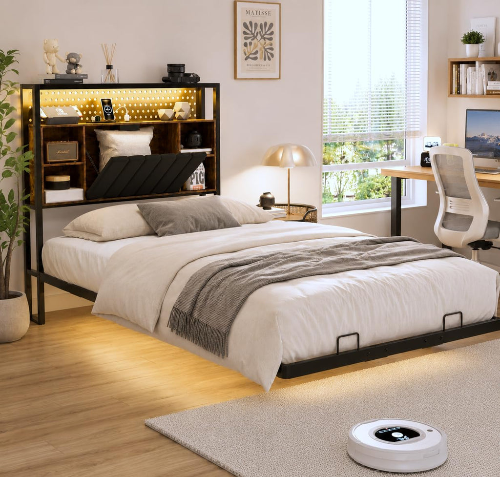 Black Twin Metal Floating Bed Frame with Charging Station and LED Lights K664450