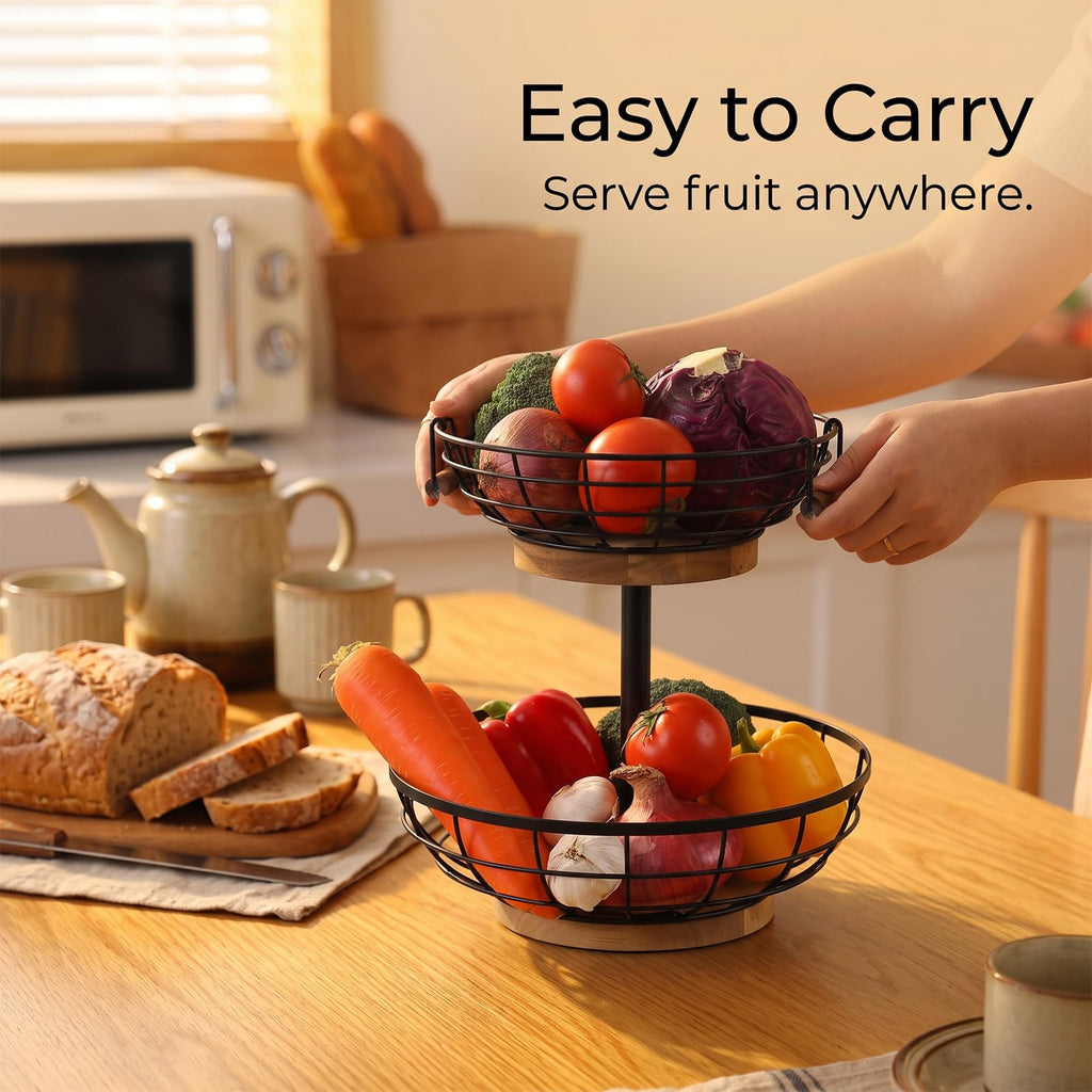 2-tier Metal Fruit Basket Bowl with Wooden Base Q76864