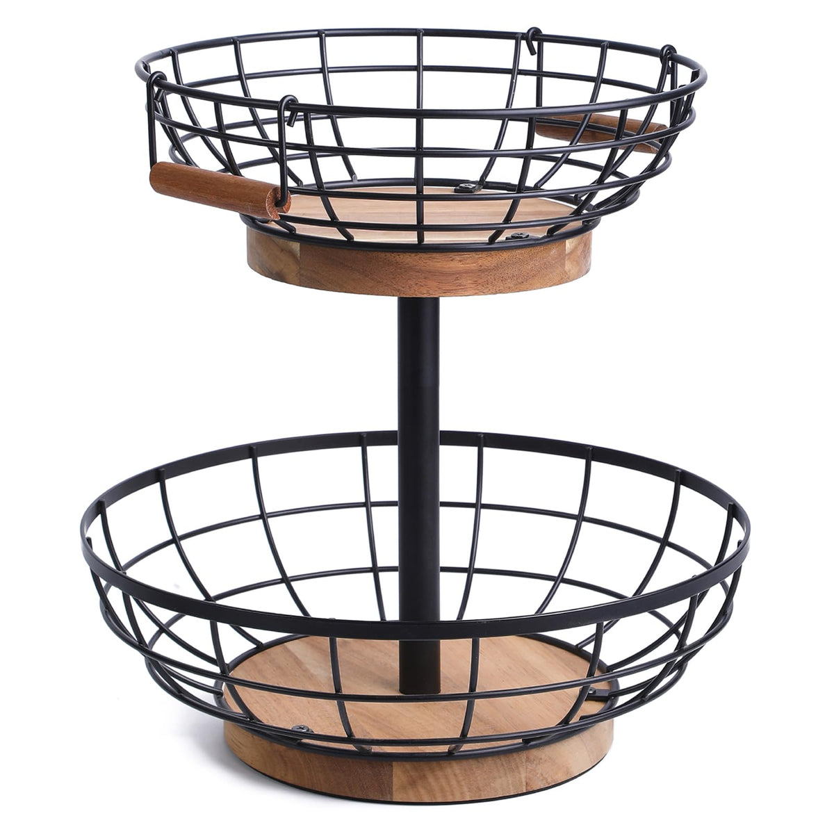 2-tier Metal Fruit Basket Bowl with Wooden Base Q76864