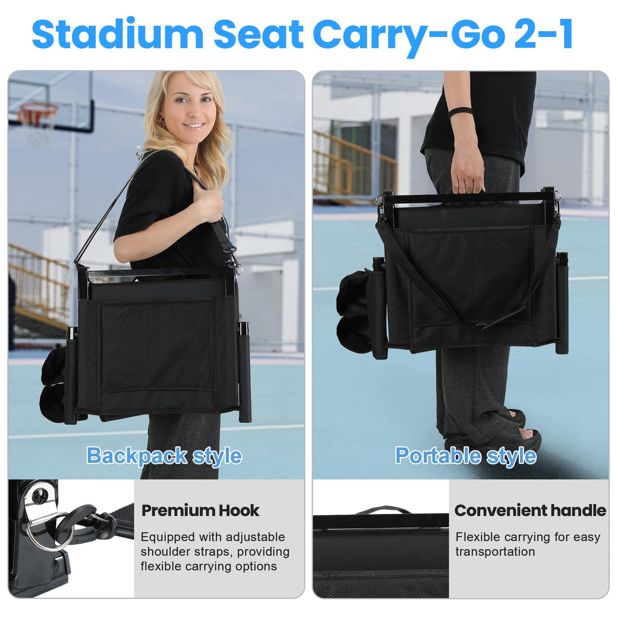 2 Pcs Black Folding Stadium Seat Cushion with Back Support E77764