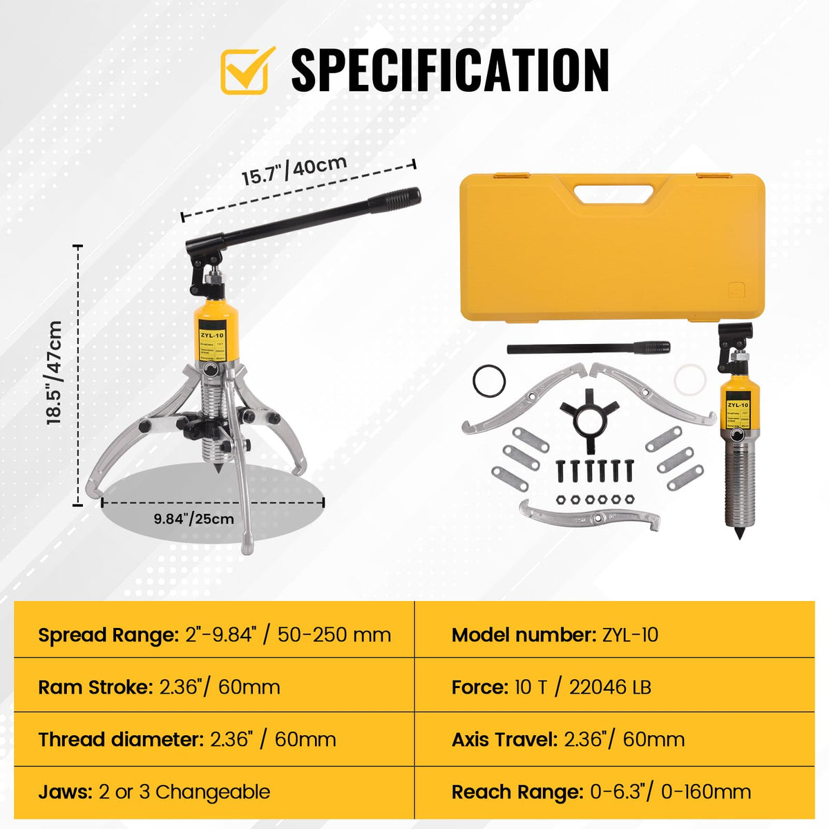 Hydraulic Gear Puller 10 Ton 2 or 3 Jaws with Case X67727