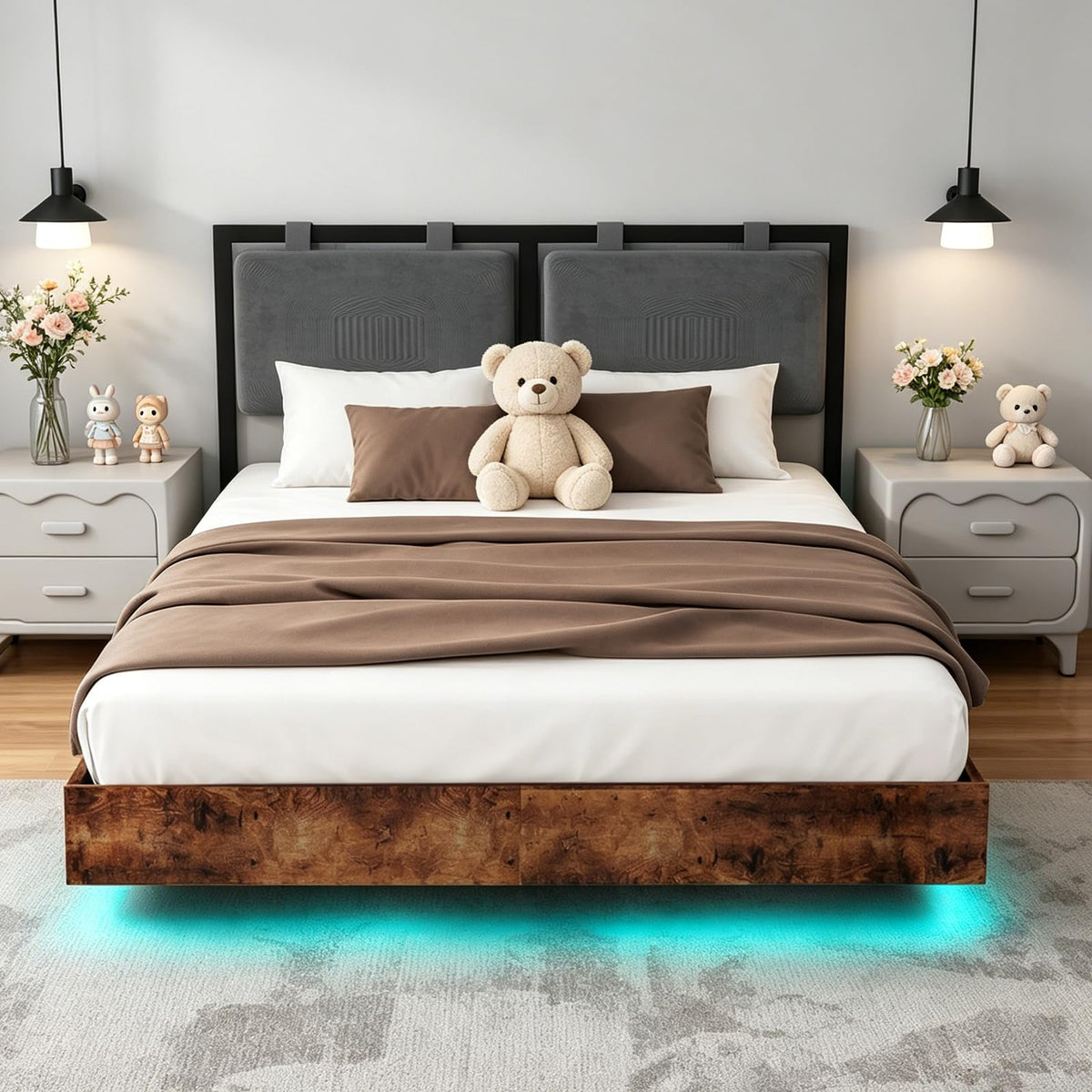 Full Size Floating Bed Frame with LED Lights and Adjustable Headboard Y496