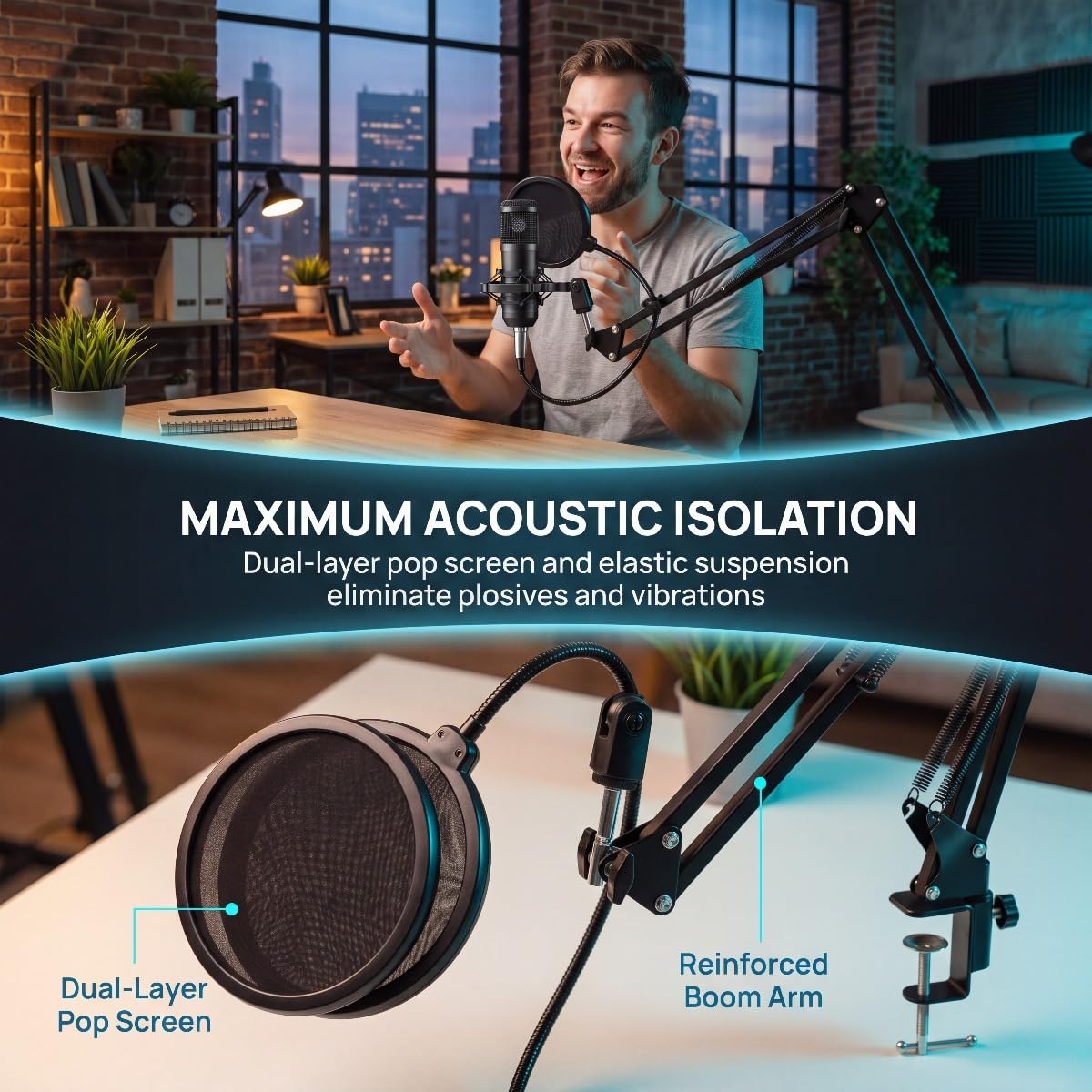 USB Condenser Microphone Kit with Boom Arm, Pop Filter, Shock Mount Q405