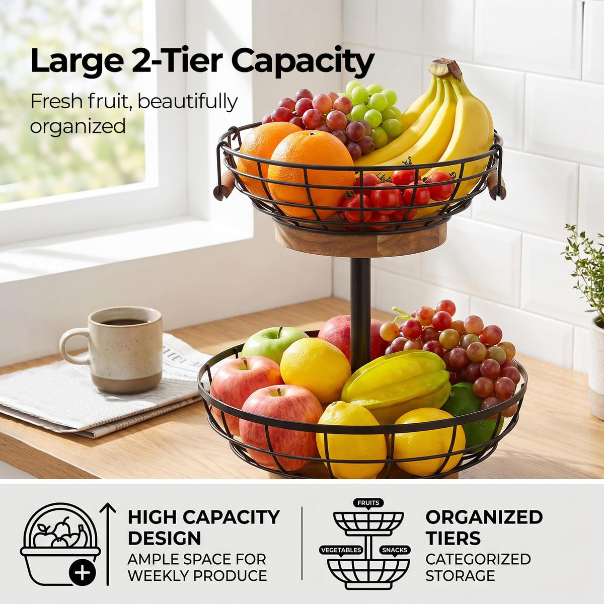2-tier Metal Fruit Basket Bowl with Wooden Base Q76864
