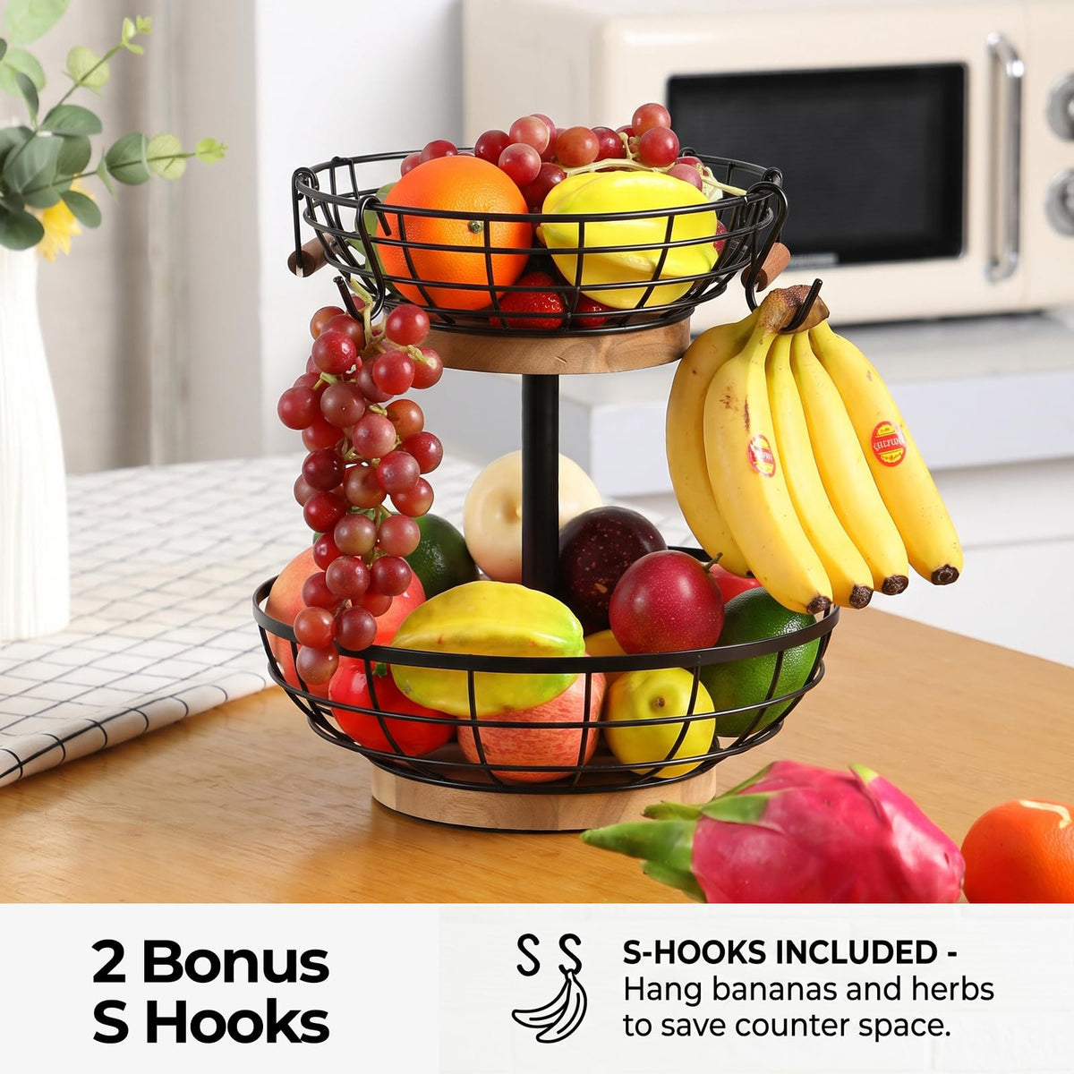 2-tier Metal Fruit Basket Bowl with Wooden Base Q76864