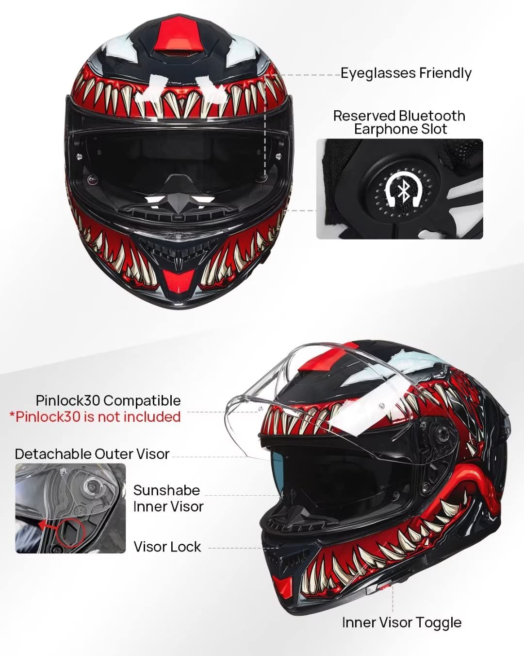 Full Face Dual Visor Motorcycle Helmet with Rear Wing B935