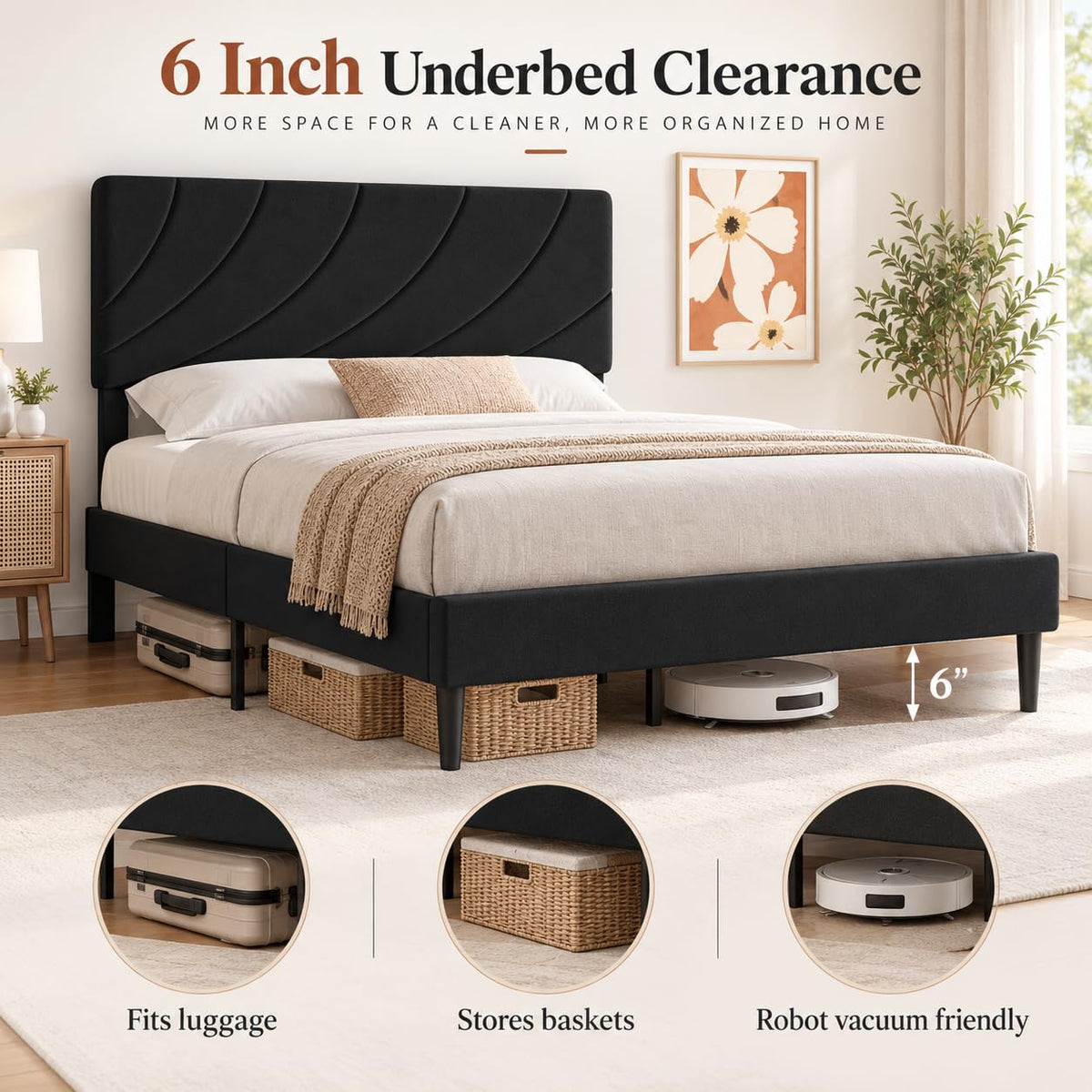 Twin Bed Frame with Adjustable Headboard, Black K669