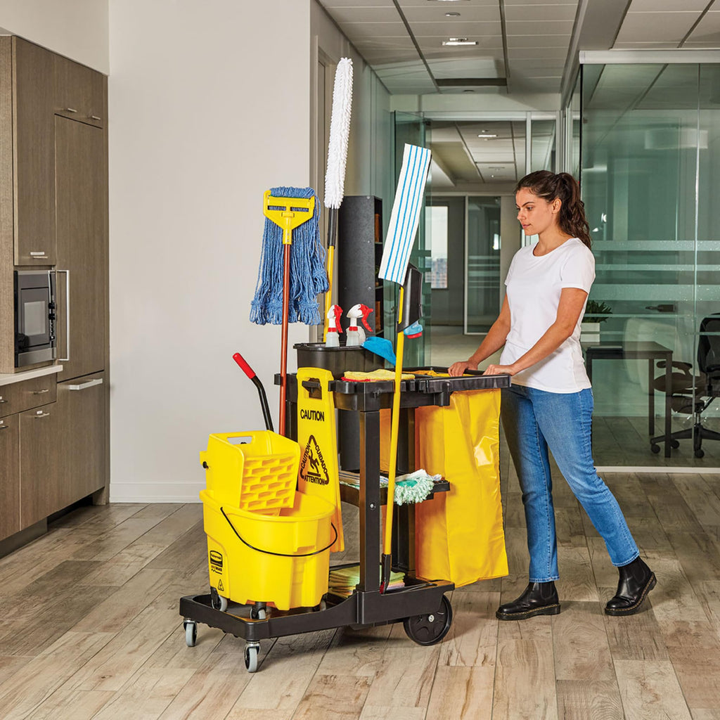 3-Shelf Wheeled Cleaning Cart with Yellow Vinyl Bag B45943