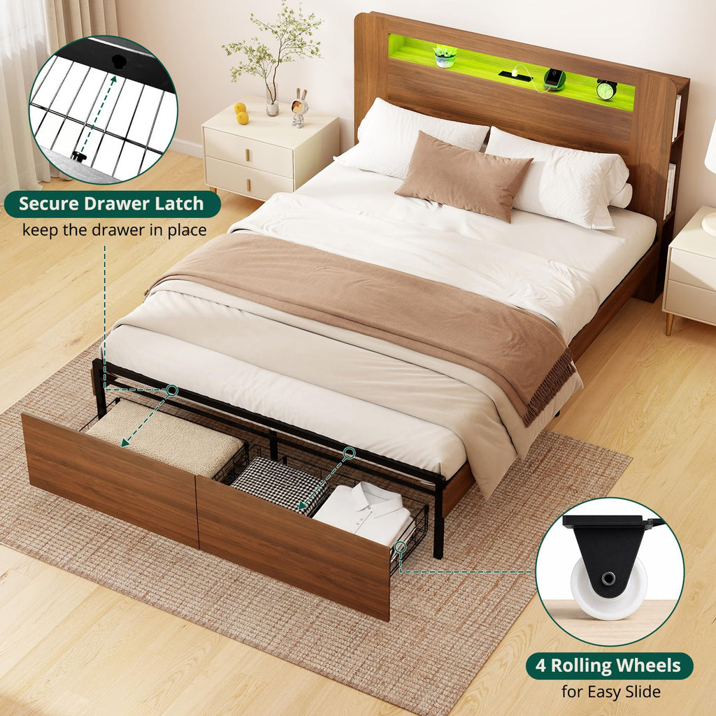 Wood Bed Frame Full with 2 Storage Drawers Q20426