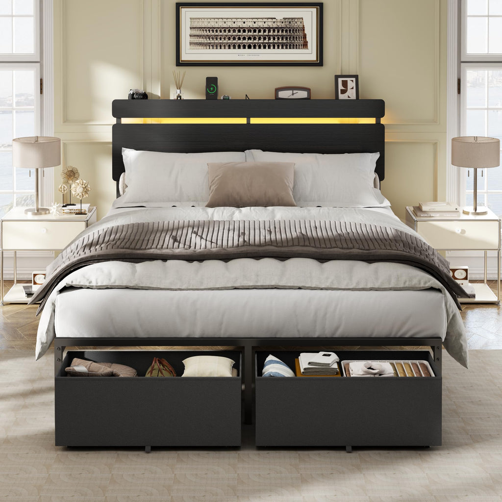 Full Size Bed Frame with Wood Headboard and Storage Drawers D83778