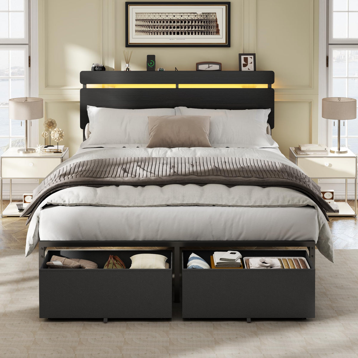 Full Size Bed Frame with Wood Headboard and Storage Drawers D83778
