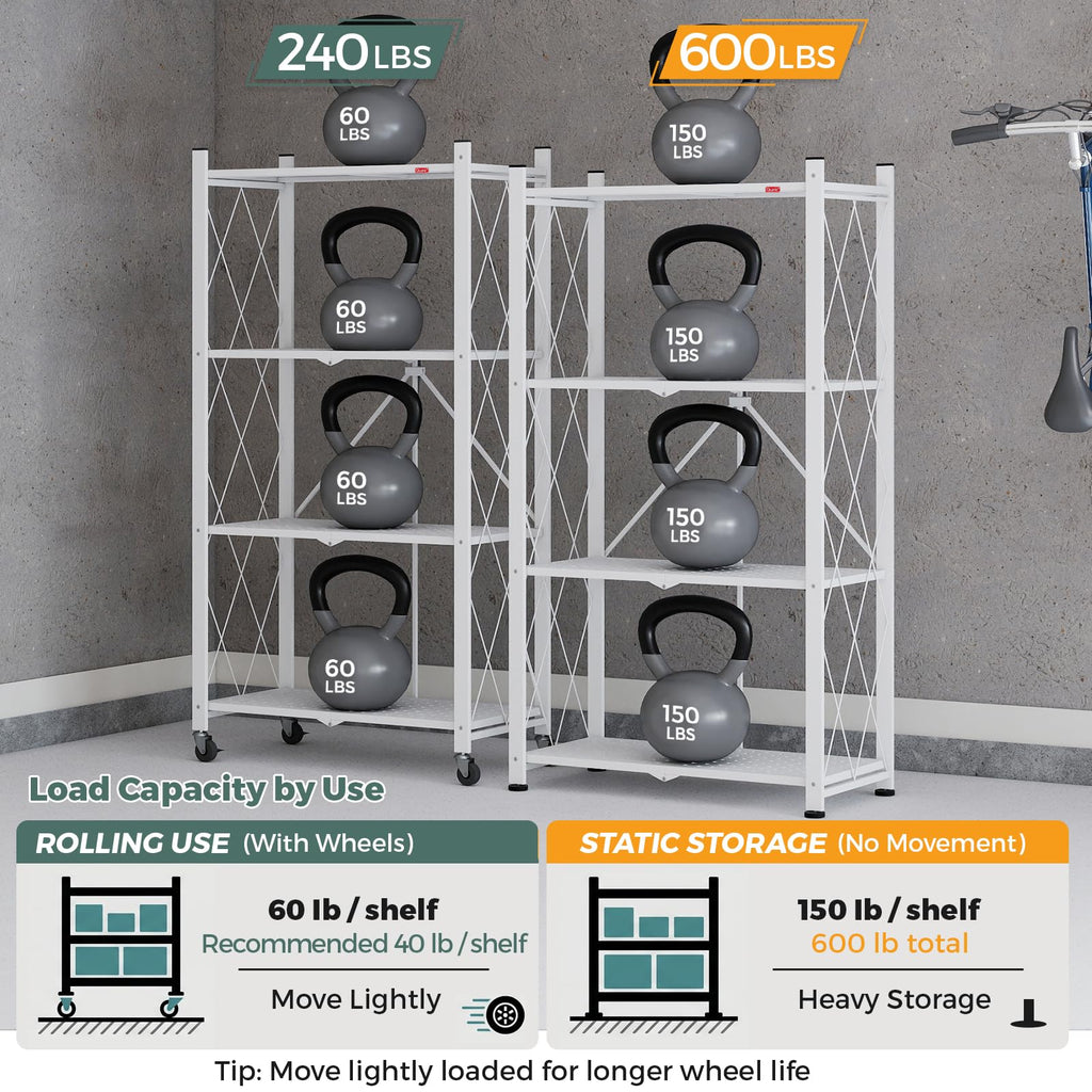 4 Tier White Metal Storage Shelves with Wheels A5607