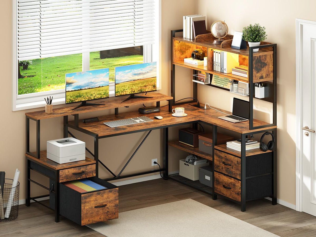 L Shaped Gaming Desk with Storage Drawers & Shelves L781875