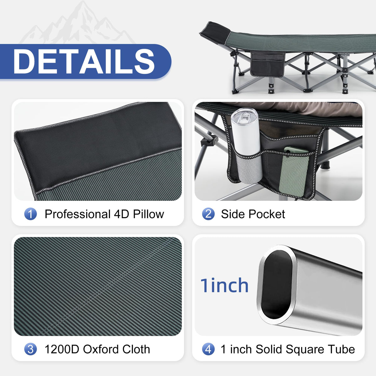 Blue Camping Cot with Cushion, Pillow and Carry Bag O19988
