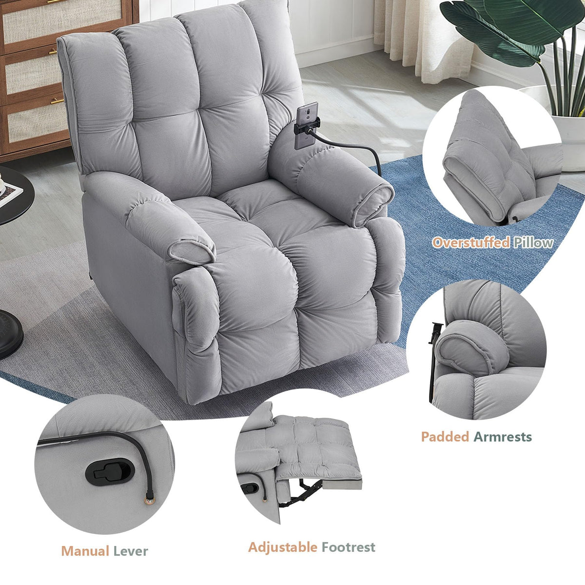 Gray Velvet Recliner Chair I8919