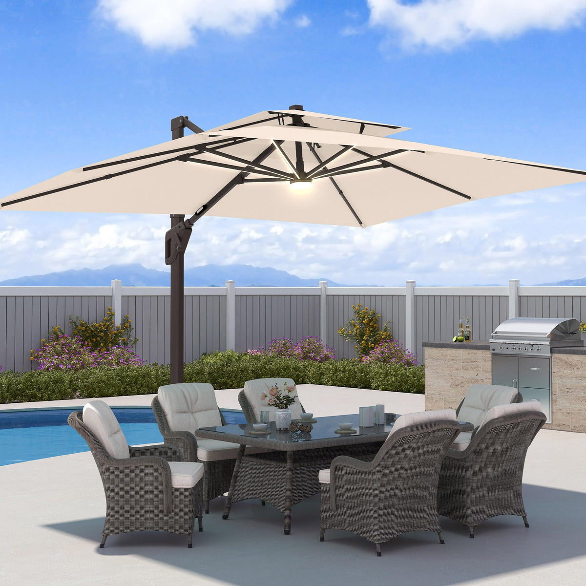 9x12 FT Patio Cantilever Umbrella with Base and LED Lights J76019
