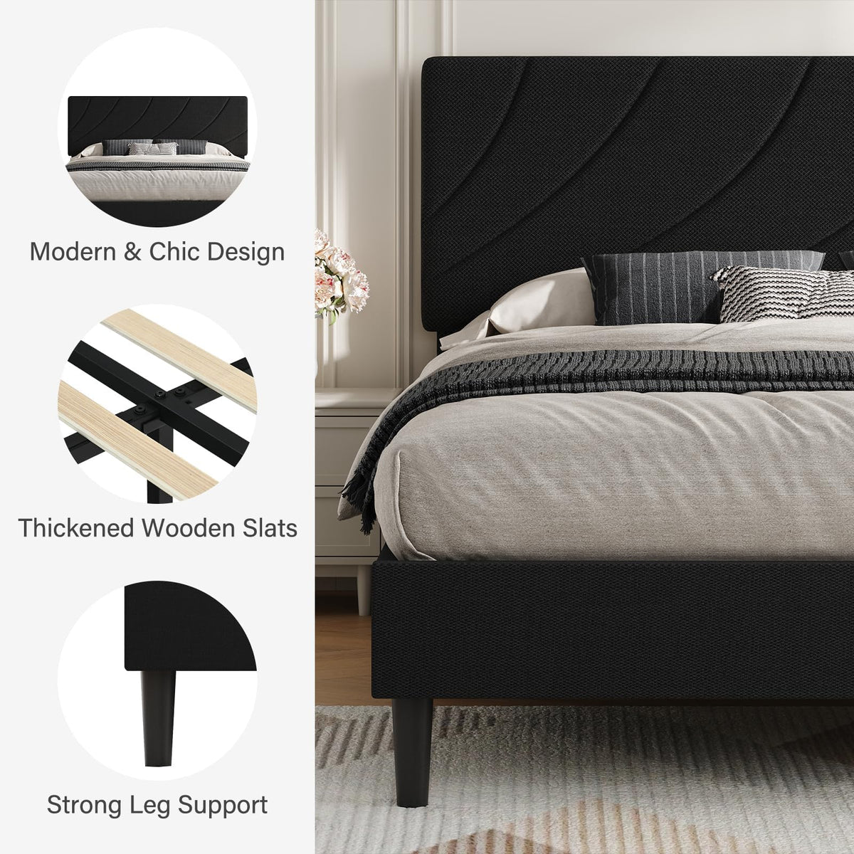 Twin Bed Frame with Adjustable Headboard, Black K669