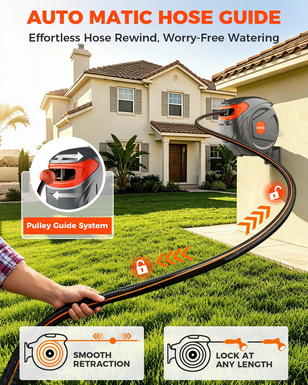 Retractable Garden Hose Reel 100 ft 1/2 Inch with 3-Layer PVC Hose O65300