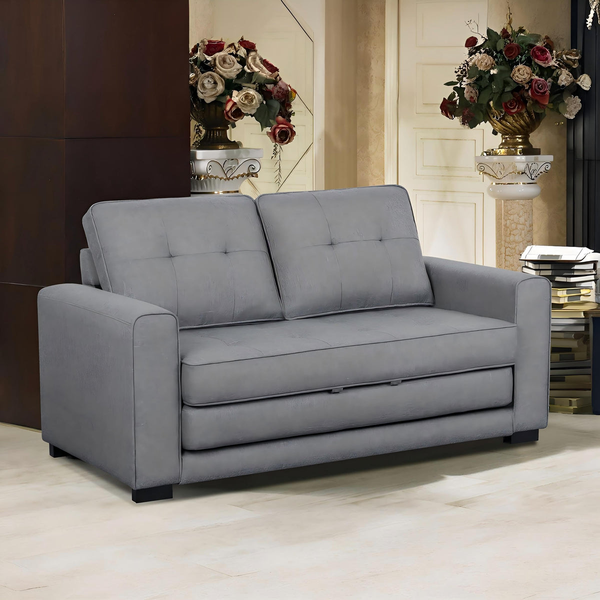 Light Gray Tufted Pull-Out Sleeper Loveseat A649