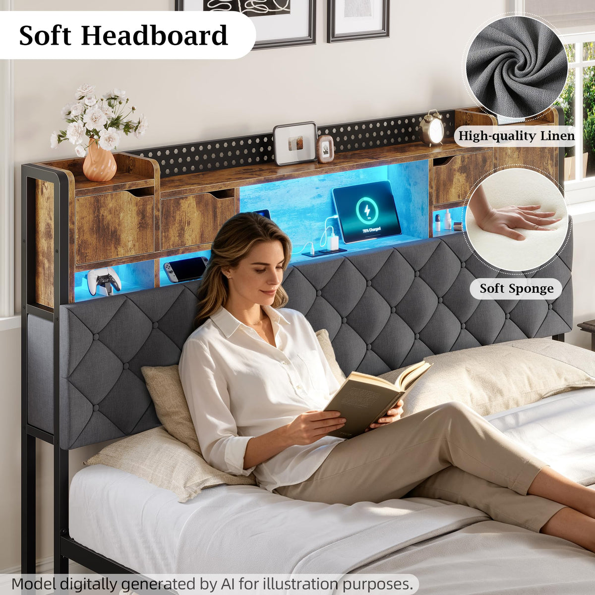 King Size Bed Frame with Storage Bookcase Headboard L20457