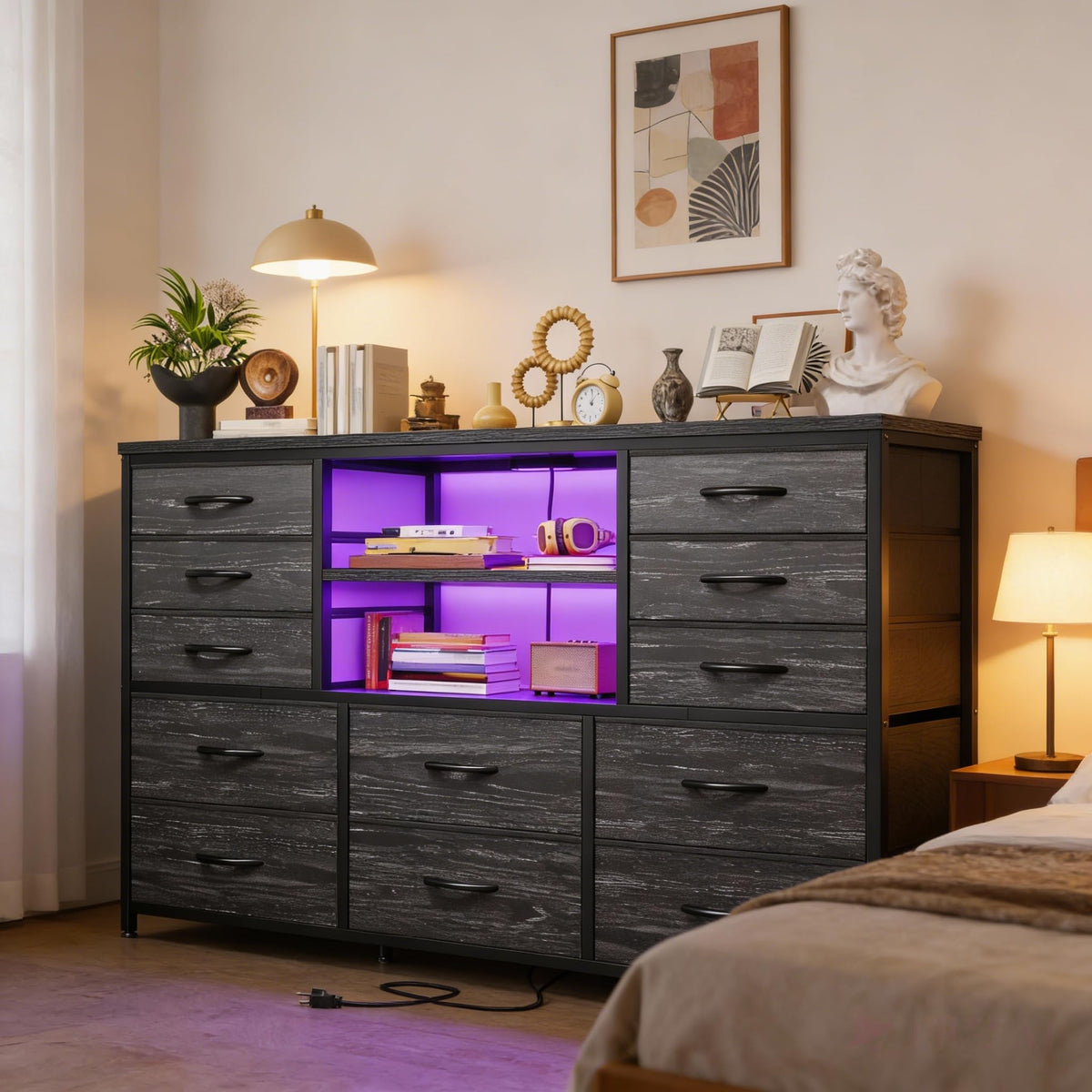 Dresser with LED Lights & Charging Station V8348