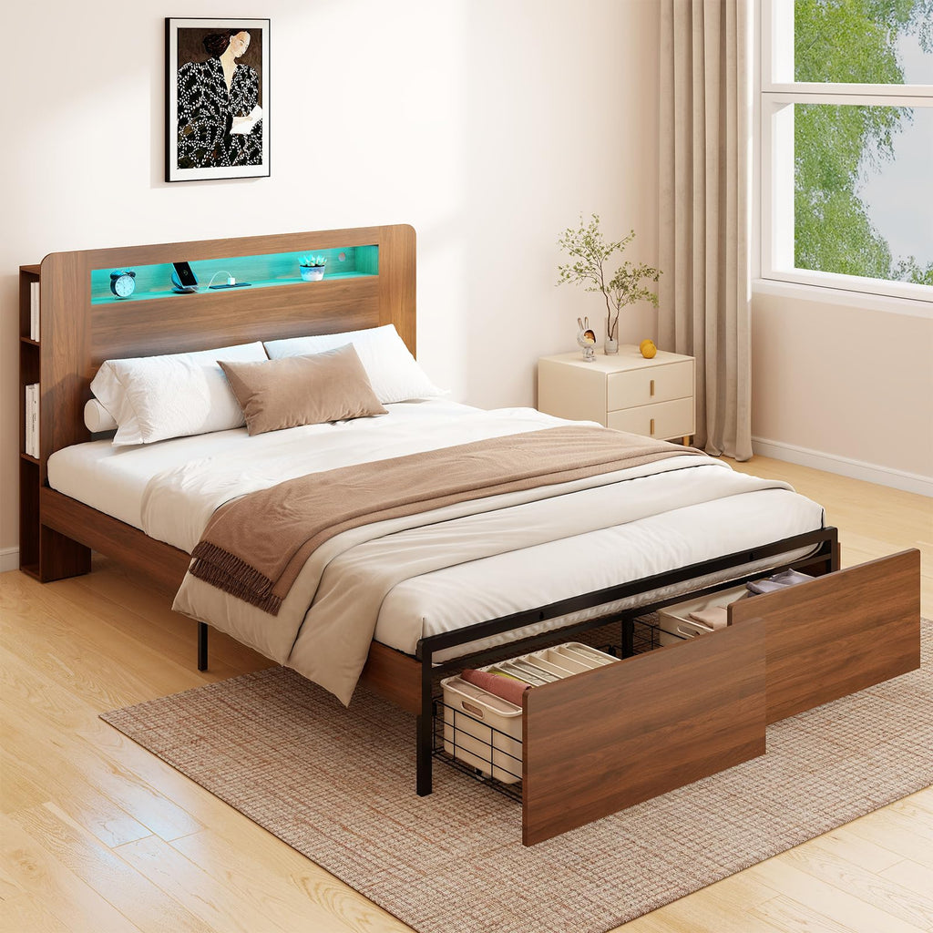 Wood Bed Frame Full with 2 Storage Drawers Q20426