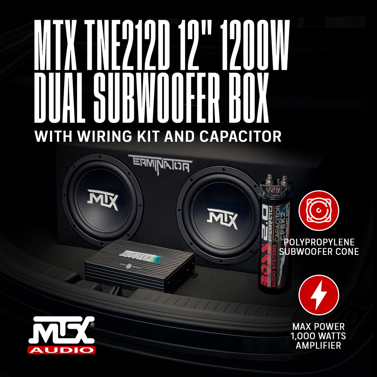 Dual 12" Subwoofer Box, Mono Amp, & Wiring Kit Z5192
