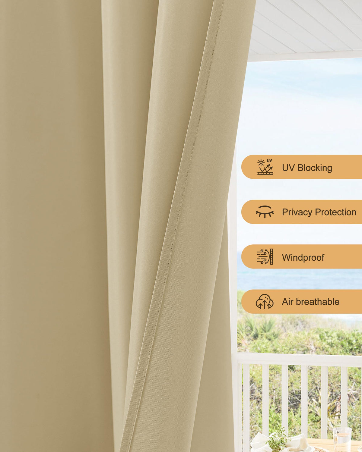 Waterproof Rod Pocket Outdoor Curtains 6 Pcs 54x84 Inch Cream G128