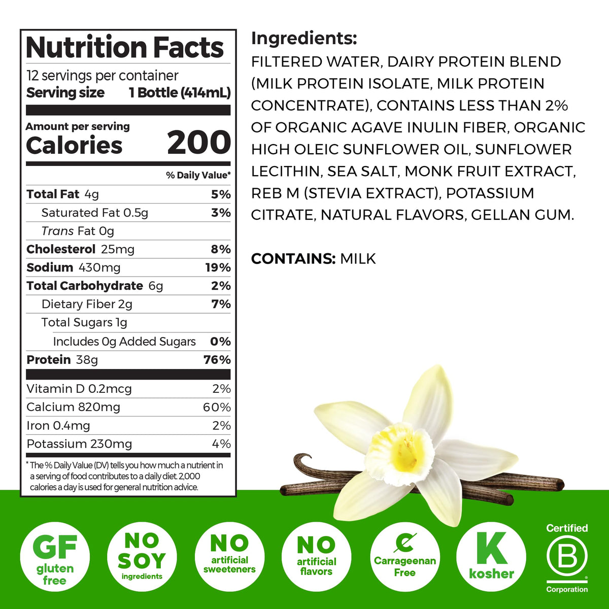 High Protein Grass-Fed Shake, Vanilla, 14 oz, 12pk N190304