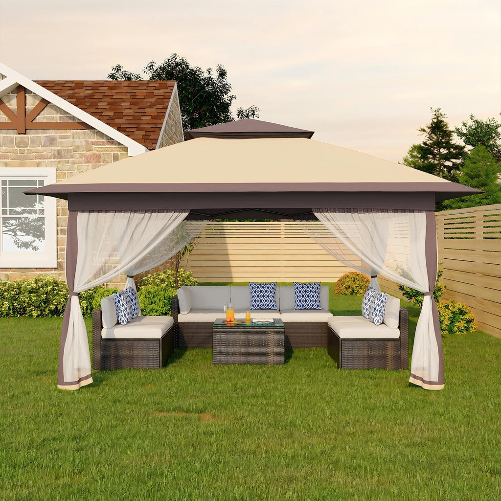 12x12FT Pop Up Gazebo with Mosquito Netting, Khaki & Coffee O733843