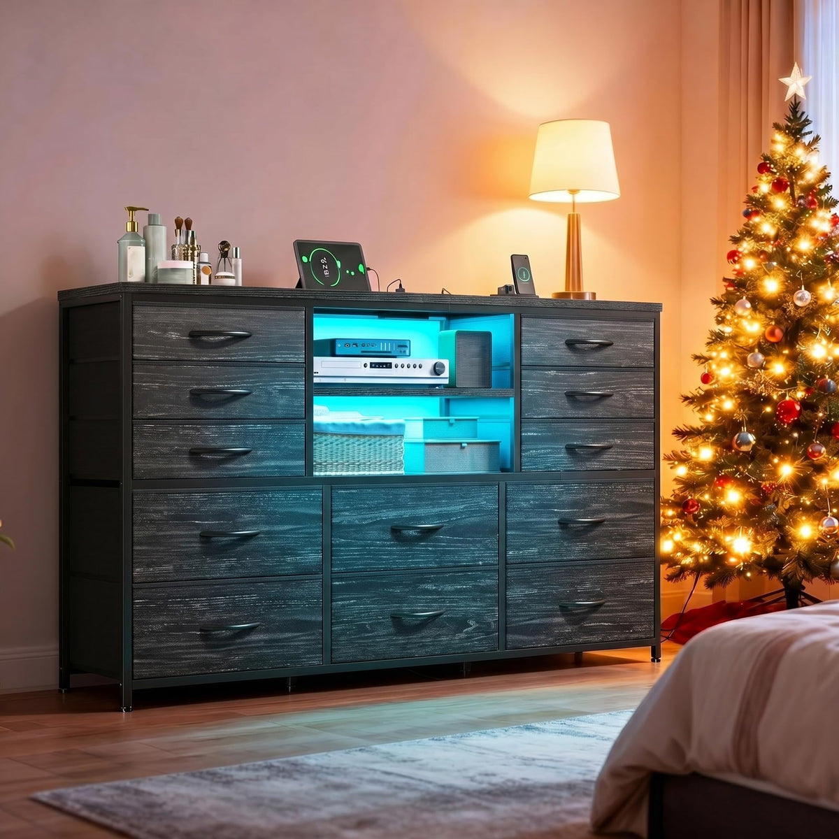 Dresser with LED Lights & Charging Station V8348