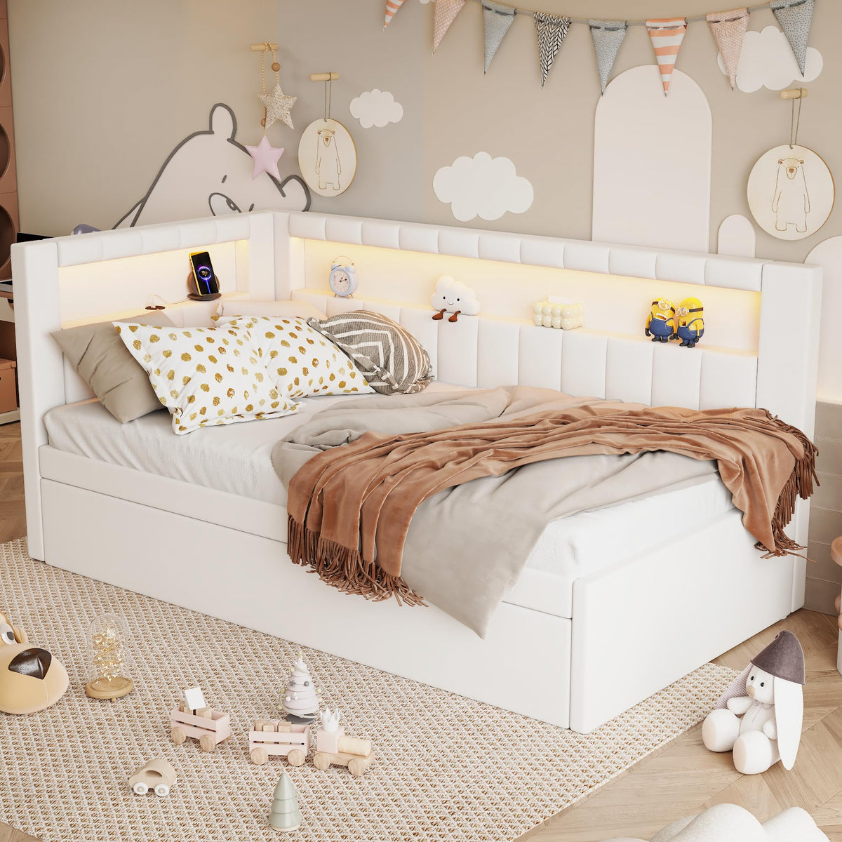 White Twin Size Upholstered Daybed with Trundle W7622