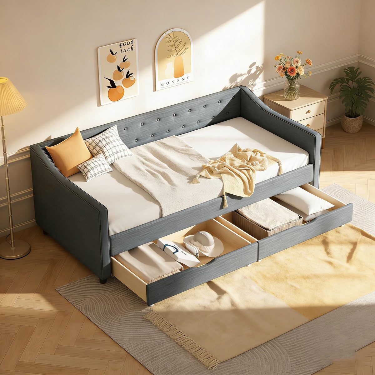 Upholstered Twin Size Daybed with Drawers I933