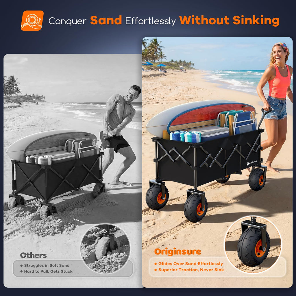 Foldable Beach Wagon with Big Balloon Wheels, 560lbs, Black Q770933