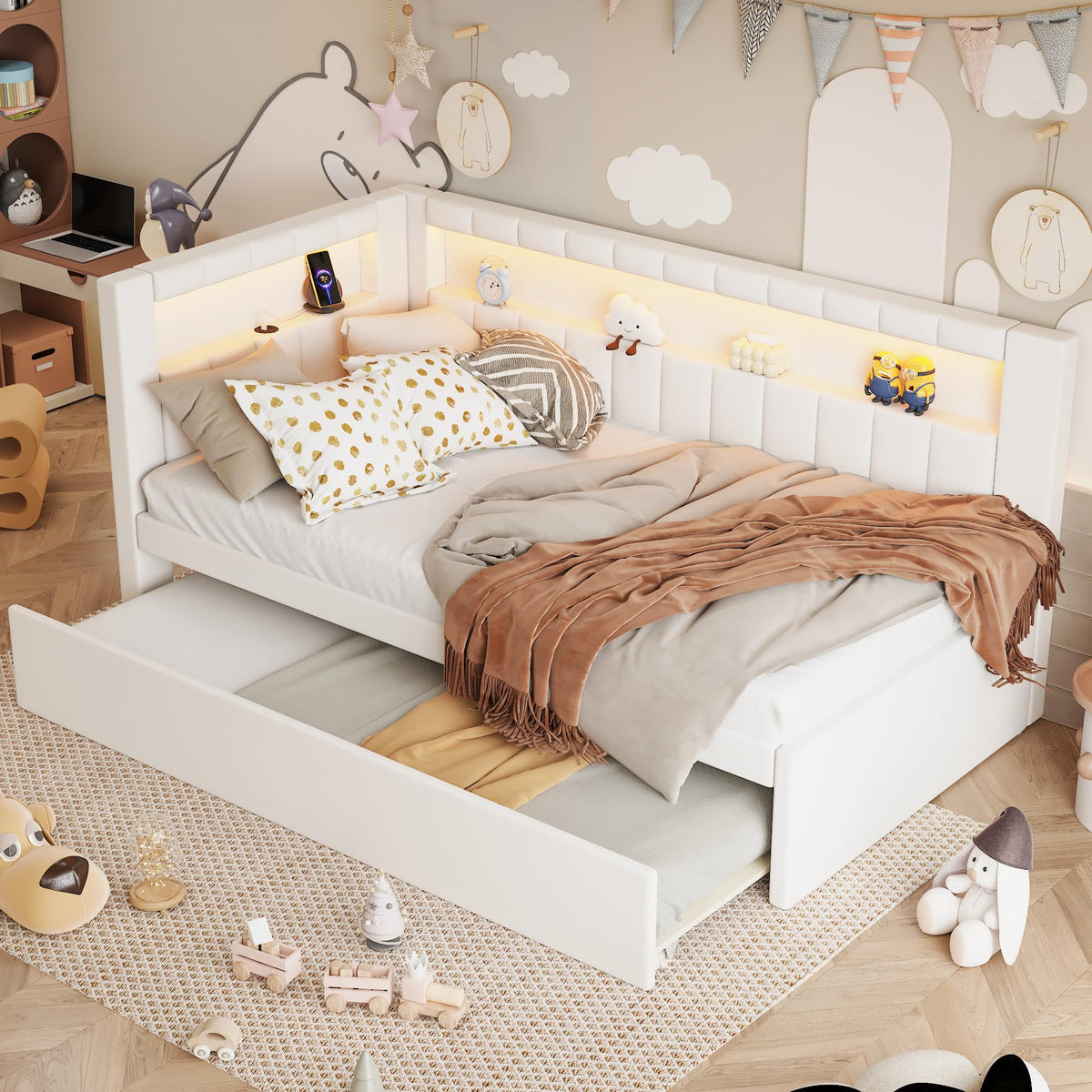 White Twin Size Upholstered Daybed with Trundle W7622