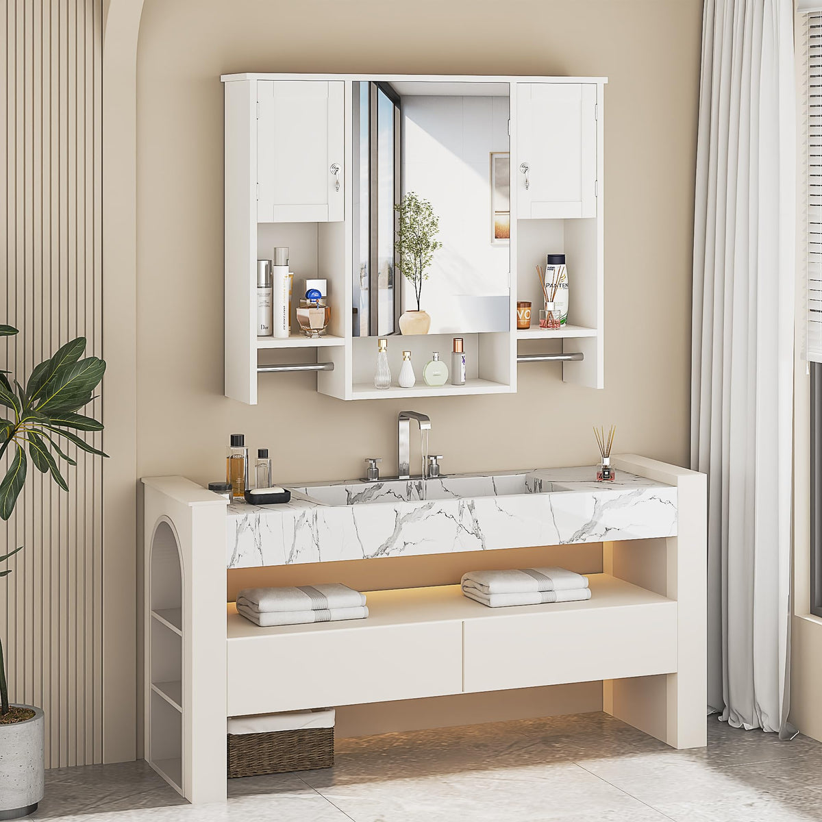 Large White Wall Mounted Bathroom Cabinet with Mirror A35719